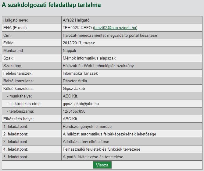 Amíg a konzulens nem fogadja el a feladatlapot (az Állapot mezőben Feltöltött feladatlap; a konzulens döntésére vár. felirat szerepel 3. ábra), addig csak a feladatlap megtekintésére van lehetőség.