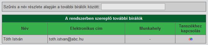 kérdés nélkül!) a tanszékhez csatolhatjuk a kívánt bírálót. A bíráló természetesen azon tanszék listájában is szerepelni fog, amelyik őt korábban felvitte. 19. ábra.