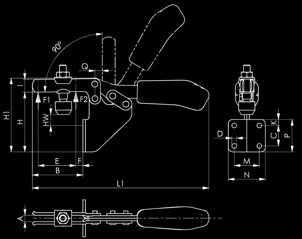 nyitott karral és derékszögű talppal Modell F1 kn F2 kn H H1 HW 1 Csavar 1 0,8 1,1 57 68 14-től 20-ig 5 32 120 M 5 x 30 467020 0001 21,30 2 1 1,2 73 94 22-től 29,5-ig 6,2 52 162 M 6 x 35 467020 0002