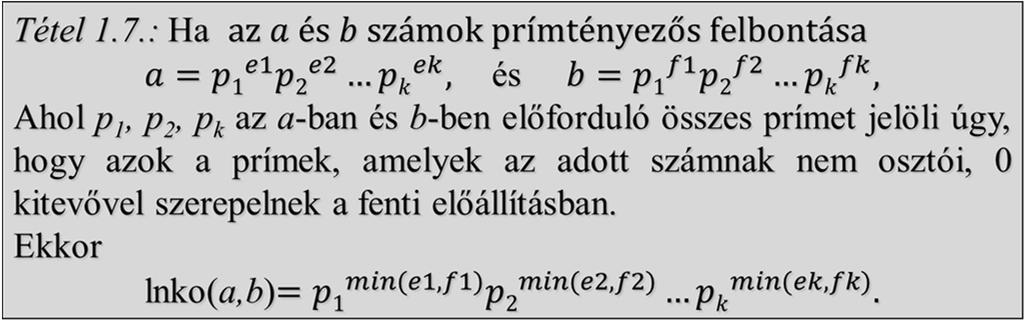 14.3.1. Az lnko tulajdonágai: lnko(, ) =, lnko(, a) = a, 1 lnko(a, b) min( a, b ), lnko(a,b) = lnko(b, a) lnko(a, ka) = a Tétel 1.5.