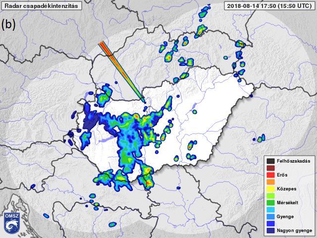 is megjelenített, szűrt, kompozit csapadékintenzitás térkép (b).