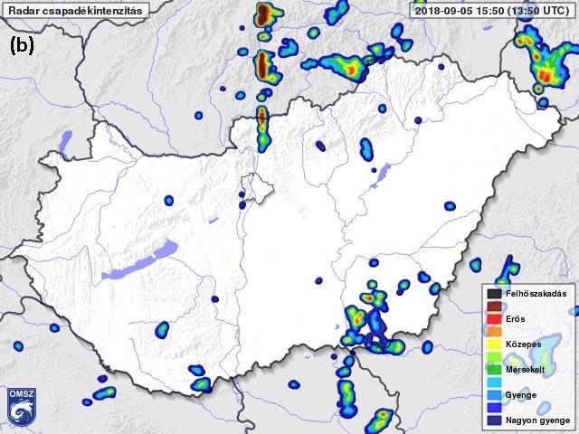 is megjelenített, szűrt, kompozit csapadékintenzitás térkép (b).