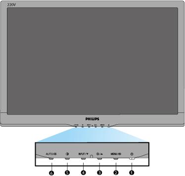 Elölnézeti termékleírás Az LCD monitor telepítése Csatlakoztatás a PC-hez A talpazat eltávolítása Kezdetek A teljesítmény optimalizálása Elölnézeti termékleírás 1 A monitor be-, illetve kikapcsolása.
