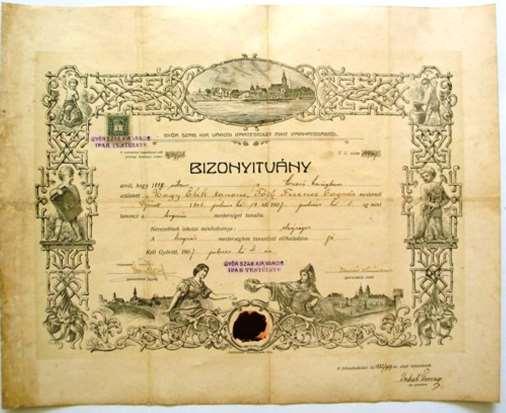 A képen nagyapám, Nagy Elek bognár bizonyítványa, melyet Győr szabad királyi város ipartestülete adott ki 1907. július 4-én.