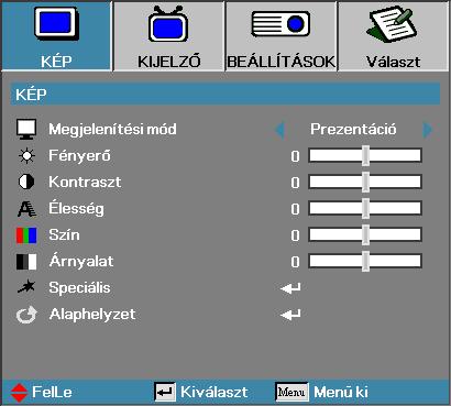 Felhasználói kezelőszervek Kép Megjelenítési mód Számos, a különböző képtípusokhoz optimalizált gyári alapbeállítás használható. Prezentáció: Kiváló színek és fényerő, számítógépes bemenet.