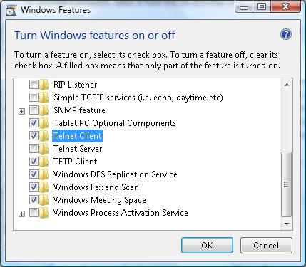 Felhasználói kezelőszervek 3. Jelölje ki a Windows-szolgáltatások be- és kikapcsolása elemet a megnyitásához. 4. Jelölje ki a Telnet kliens lehetőség jelölőnégyzetét, majd nyomja meg az OK gombot.