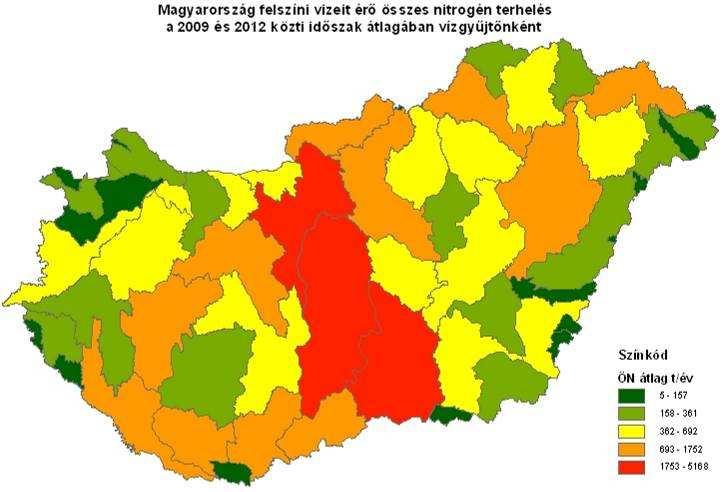 3-11. ábra: Magyarország felszíni vizeit érő összes nitrogén terhelés a 2009 és 2012 közti időszak átlagában, vízgyűjtőnként Összes foszfor terhelés A terhelési útvonalaknál itt a légköri kiülepedés