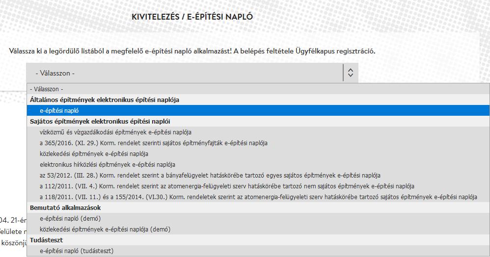 2. Belépés az e-építési napló alkalmazásba Az alkalmazás az Építésügyi portálon