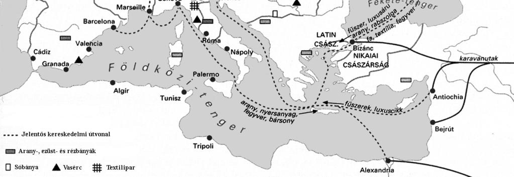 ) Hospodárstvo stredovekej Európy Atlanti óceán Atlantický oceán arany-, ezüst- és rézbányák ťažba zlata, striebra a medi Angol Királyság Anglické kráľovstvo sóbánya soľné bane Kijevi Fejedelemség