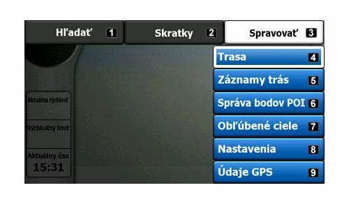 Táto obrazovka zobrazuje informácie o aktuálnej trase a poskytuje niekoľko ďalších možností na kontrolu a úpravu aktívnej trasy. 4.6.3.