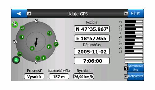 Nastavenie GPS, Synchronizovať čas. Zobrazené údaje GPS Virtuálna obloha vľavo predstavuje aktuálne viditeľnú časť oblohy nad vami, pričom vaša poloha je v strede.