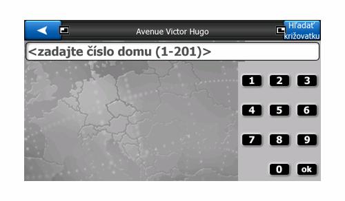 Zadajte číslo, potom stlačte tlačidlo OK a program NavNGo Limousine zobrazí vybraté umiestnenie na mape. Poznámka: Čísla domov nemusia byť k dispozícii na mape vášho regiónu.