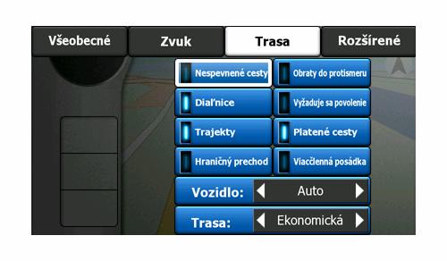 6.3.1 Typy ciest na zahrnutie/vylúčenie Ak chcete nájsť vyhovujúcu trasu, môžete nastaviť typy ciest, ktoré sa budú brať do úvahy a ktoré sa vylúčia z trasy, ak to bude možné.