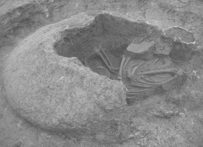1. ábra: Kemencébe temetett emberi maradvány. Fig. 1: Human remain lying inside an oven. Anyag és módszer A vizsgálat anyagát 25 korai neolitikus temetkezés képezte.