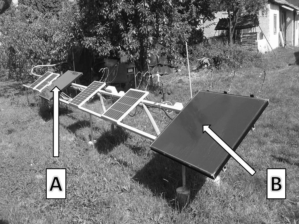 1. ábra: A vizsgált napelemek mérőhelye Keszthelyen (Zsiborács et al., 2015) A kísérletek során a napelemek mérése folyamatosan történt PicoLog mérésadatgyűjtők segítségével.