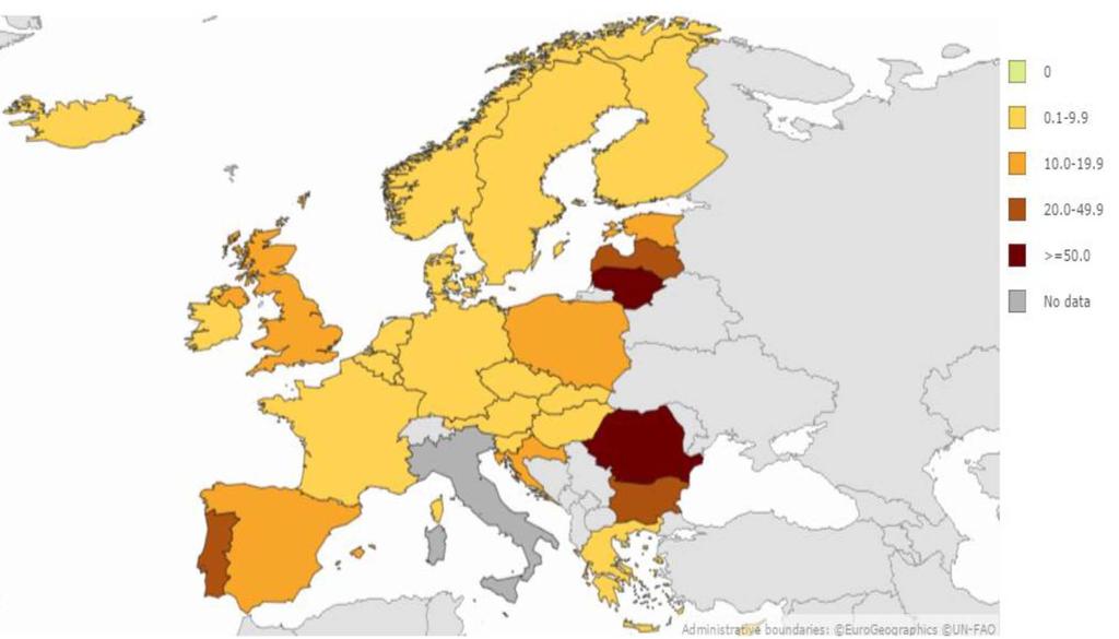 közé tartozó szomszédos Románia (81 százezrelék) és Ukrajna (94 százezrelék) értékeinél, így hazánk 2013 óta az ún. alacsony incidenciájú országok (<10 százezrelék) táborába tartozik (T3.3. ábra). T3.