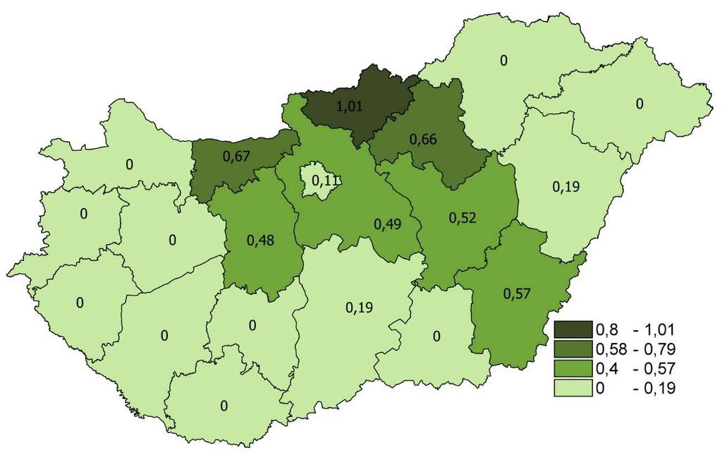 T4.1.térkép: A tbc halálozási rátája 100 000 fõre vetítve megyei bontásban a TSK adatai alapján (2014) Elemzés Általános áttekintés A tbc miatti halálozás (mortalitás) az incidencia és prevalencia