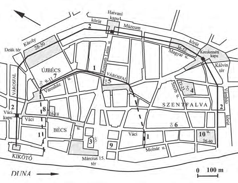 IRÁSNÉ MELIS KATALIN 1. kép Pest középkori telekbeosztása, utcahálózata és középkori épületei. 1. városfal (13. sz.); 2.