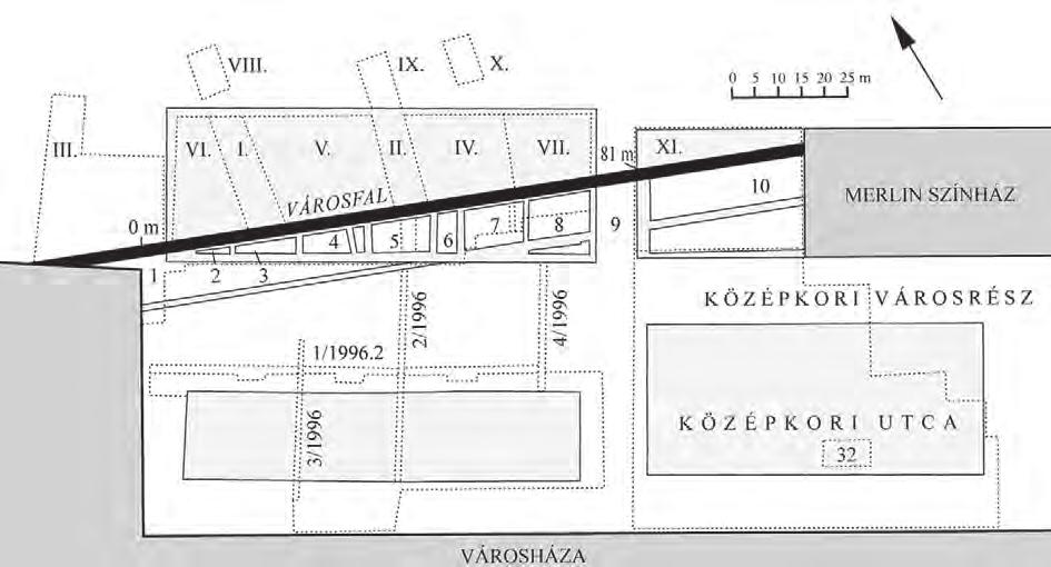 Szent Miklós kórház; 8. vár; 9. városháza; 10. bőr ipartelep. Régészeti kutatások, 1933-1997 2. kép Budapest V.