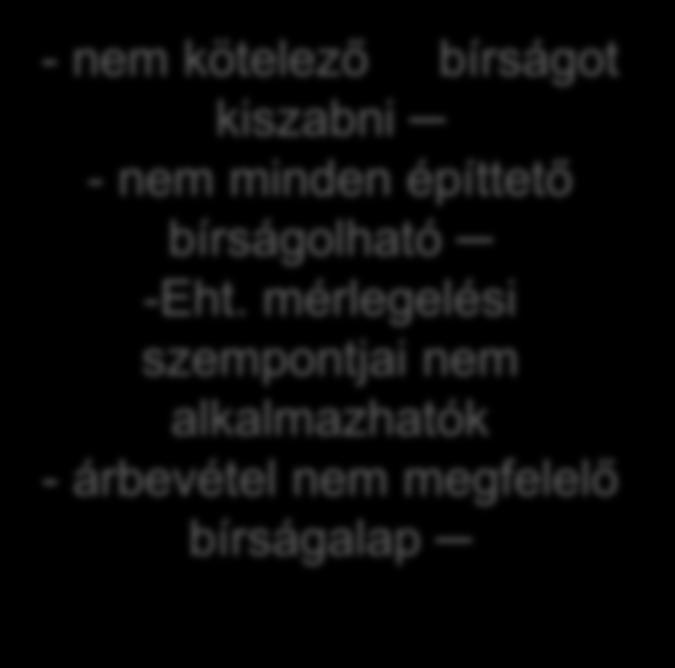 A bírság III. Bírságkiszabás szabályozása - nem kötelező bírságot kiszabni - nem minden építtető bírságolható -Eht. mérlegelési szempontjai nem alkalmazhatók - árbevétel nem megfelelő bírságalap Eht.