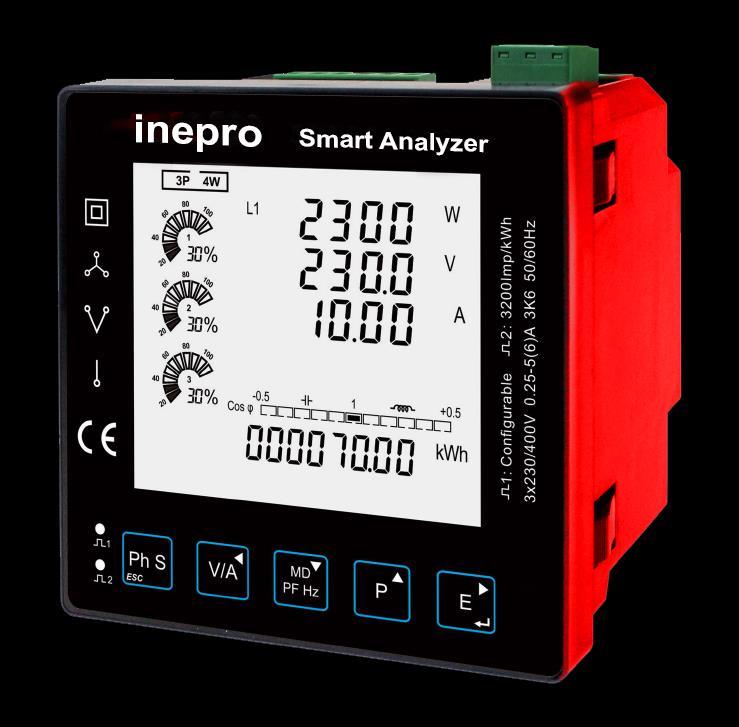SMART ANALYZER Hálózati analizátor egy- és háromfázisú villamos hálózatokhoz Mért paraméterek: kwh, kvarh, kw, kvar, kva, P, F, PF, Hz, dmd, V, A, stb.