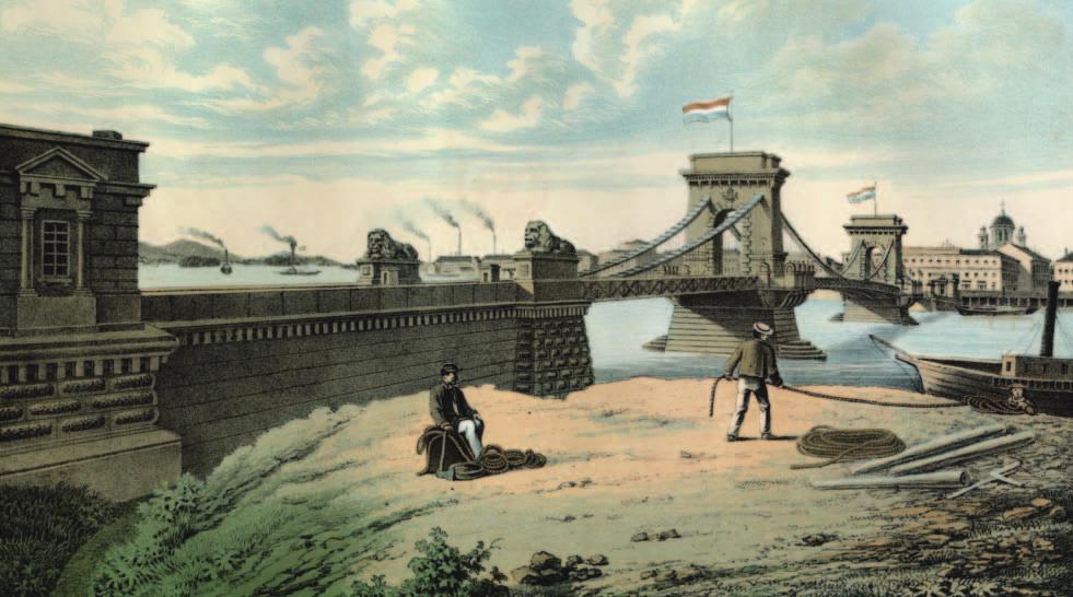 A William Tierney Clark által tervezett londoni Hammersmith híd, 1828 (balra) 4 & A Lánchíd a pesti Duna-parttal. Adam S owikowski színezett litográfiája (fent) Lánc híd fővállalkozói szerepkörére.