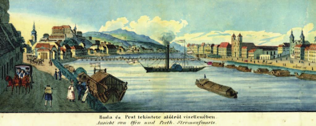 Buda és Pest tekintete alólról víz ellenében. A városképeken, elsœsorban Pest-Buda panorámáin is a modern idœk eljöttét illusztrálta a lapátkerekes gœzös.