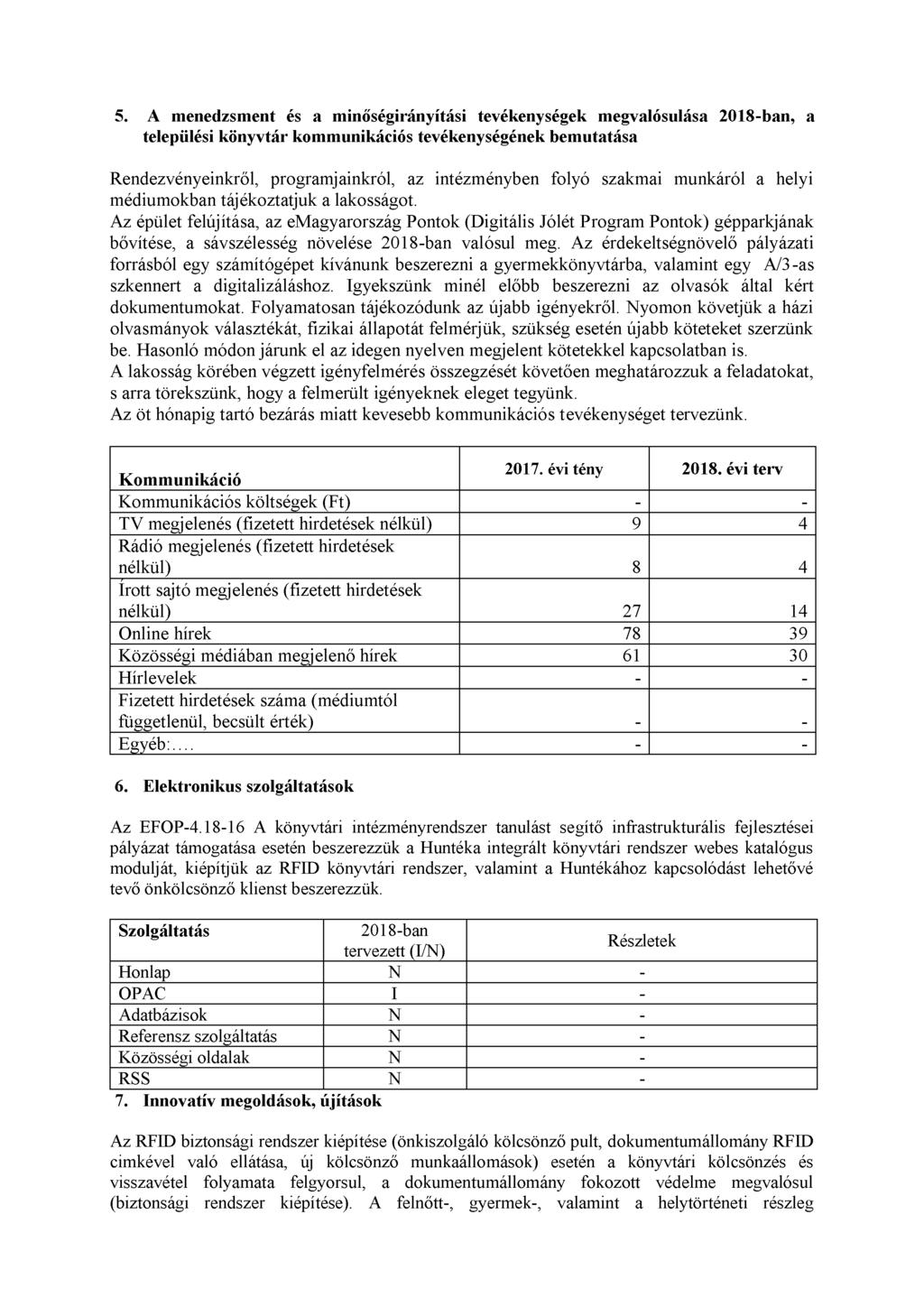 5. A menedzsment és a minőségirányítási tevékenységek megvalósulása 2018-ban, a települési könyvtár kommunikációs tevékenységének bemutatása Rendezvényeinkről, programjainkról, az intézményben folyó