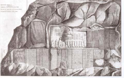 Lacza Tihamér Rawlinson rajza a behisztuni sziklafeliratokról amelyet az elsõ kiemelkedéshez rögzített, és míg a következõ fokot el nem érte, a kiszögellõ sziklatömb fölött hintázott.