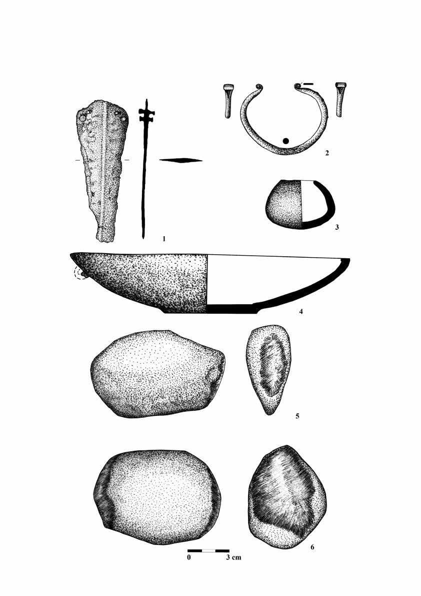 3. kép: Ménfőcsanak, Széles-földek. A 10695. str. számú sír mellékletei: 1 2. bronz, 3 4. kerámia, 5 6. kő (Rajz: Binder Hajnalka) Fig. 3: Ménfőcsanak, Széles-földek. Grave goods of Grave 10695. 1 2. Bronze objects, 3 4.