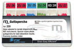 Guttapercha csúcsok ha többet akar Mtwo Guttapercha nr. 220 (VDW) Hossza 28 mm. 60 db/csomag. készlet: 20 db 25/.06, 758 693 10-10 db 30/.05, 35/.04, 40/.04, 25/.07 1 csomag 6.