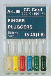 375 Finger-Pluggers nr. 99 (VDW) Axiális guttapercha kondenzációhoz, CC-Cord-nyéllel, 25 mm. 6 db/csomag. 358 658 ISO 15 1 csomag 4.375 358 659 ISO 20 1 csomag 4.375 358 660 ISO 25 1 csomag 4.