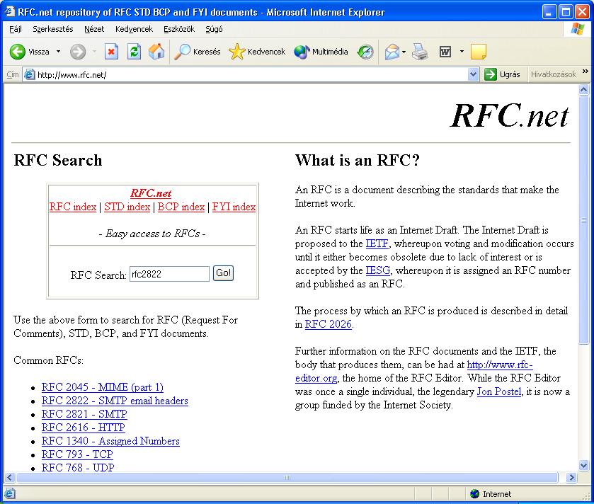 Szabványosítási szervezet: www.rfc.