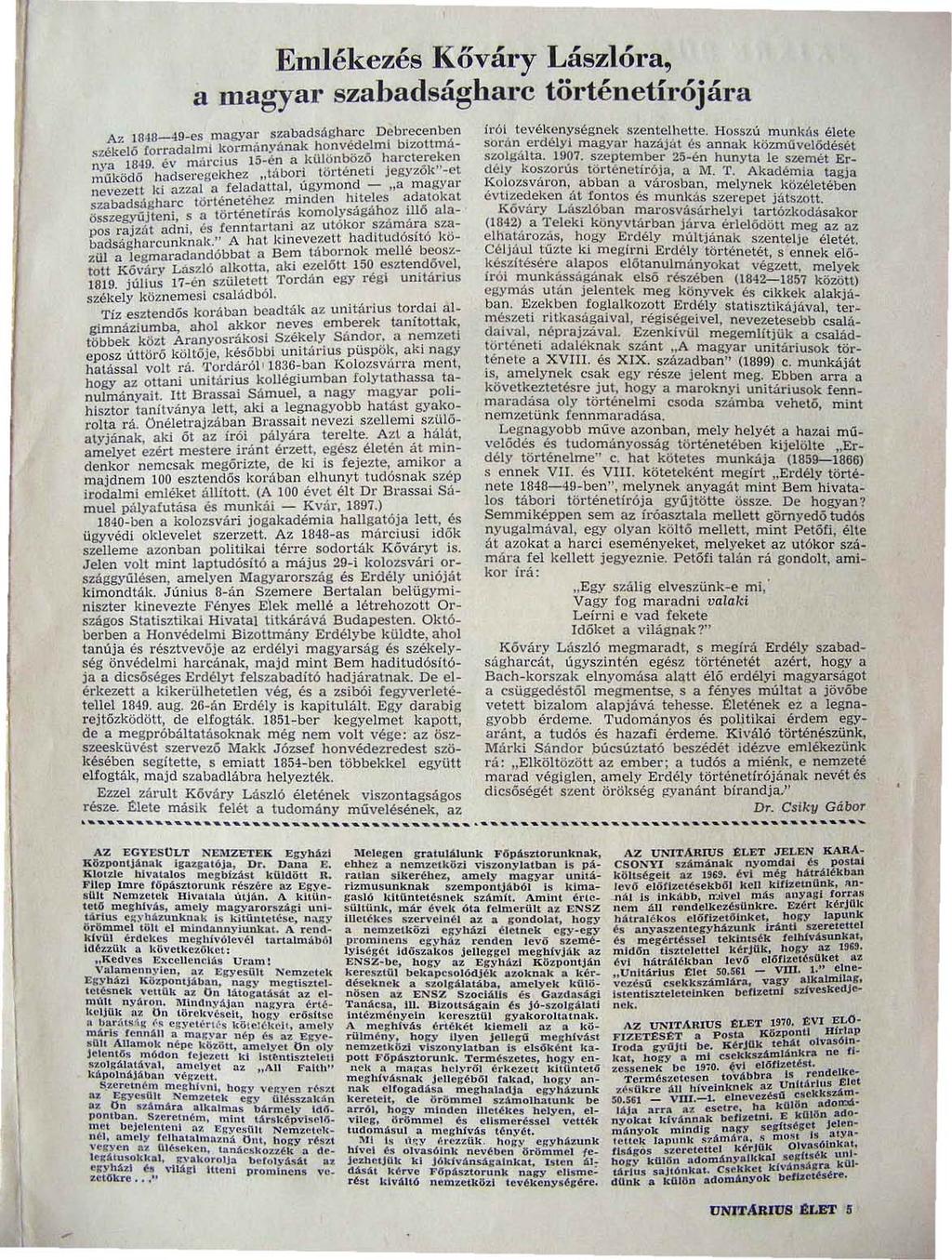 Emlékezés Kőváry Lászlóra, a magyar szabadságharc történetírójára Az 1648-49-es magyar szabadságharc Debl:ecenben ~zékeló forradalmi kormányának!.t~.nv~.