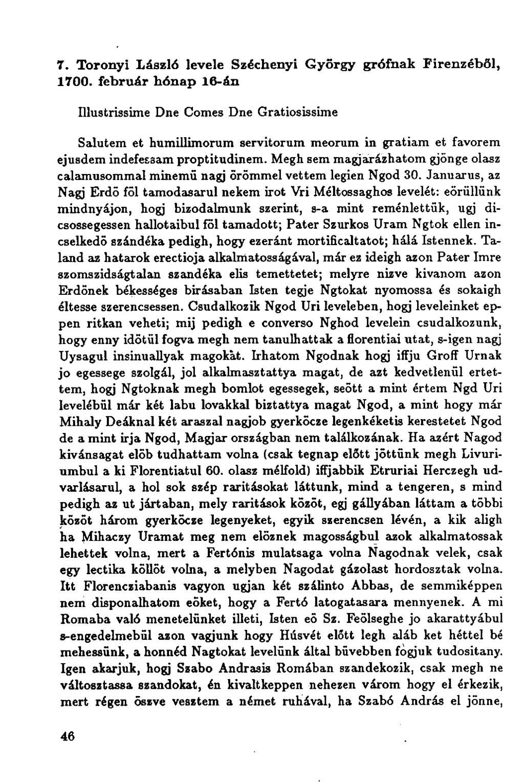 7. Toronyi László levele Széchenyi Győrgy grófnak Firenzéből, 1700.