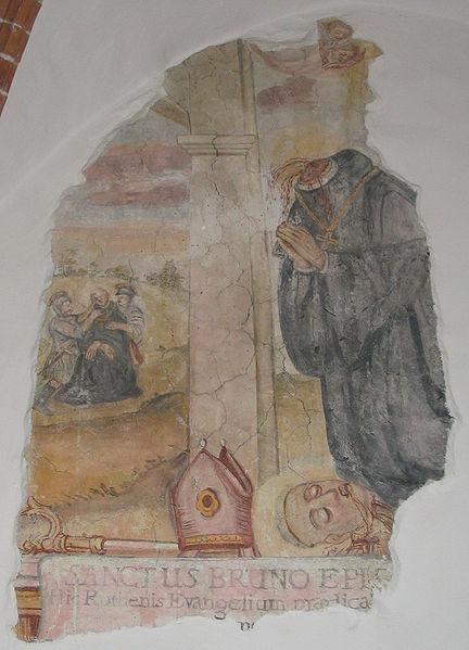 O misii Bruna z Querfurtu v Uhorsku 25 Obr. 3 Brunova mučenícka smrť na freske v kostole poľského kláštora Święty Krzyż [http:// de.wikipedia.org] tých Maďarov, ktorí na prelome 9. a 10.