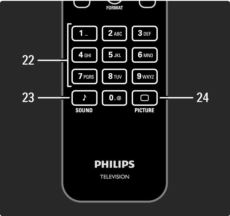 2.1.1 Távvezérlő áttekintése 6/6 22 Számgombok A TV-csatorna kiválasztása vagy számok és szöveg