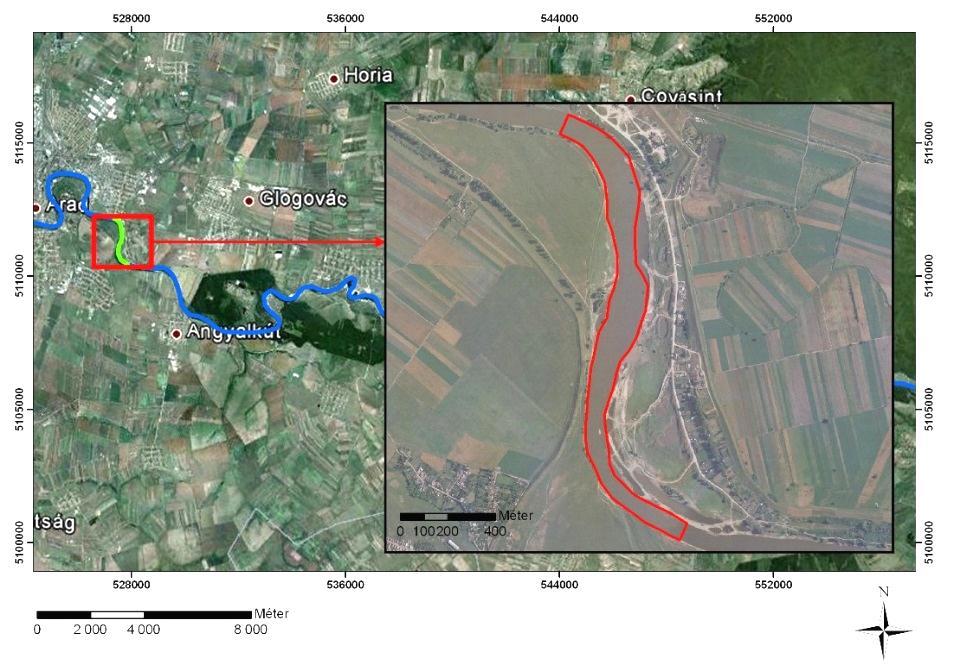 A mérési terület hossza 2050 m, átlagszélessége 95 m, míg területe nagyjából 194 000 m 2. A meder legkisebb szélessége 55 m, a legnagyobb pedig 140 m (23. ábra).