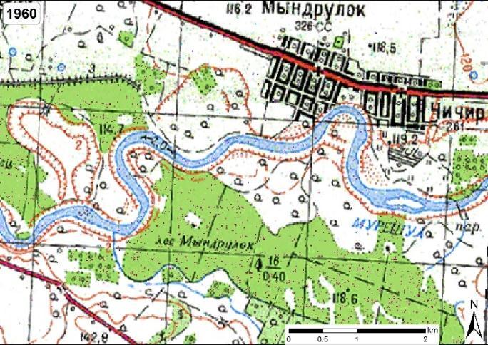 44. ábra: A mondorlaki szakasz az egyes időpontok, valamint a folyószakasz változása. 1982 és 2006 között szinte a teljes síksági szakasz szűkülése figyelhető meg (45/A. ábra).