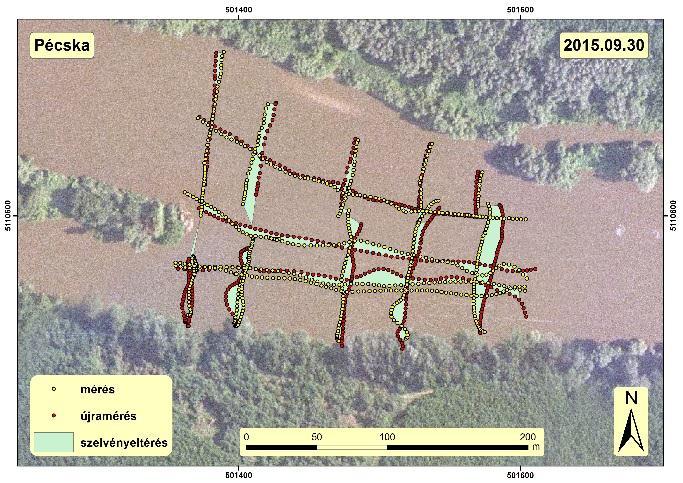 51. ábra: A pécskai szakaszon tapasztalható szelvényeltérés mértéke (A), valamint az átlagos szelvény- és térfogateltérés összefüggése az egyes mintaterületeken (B).