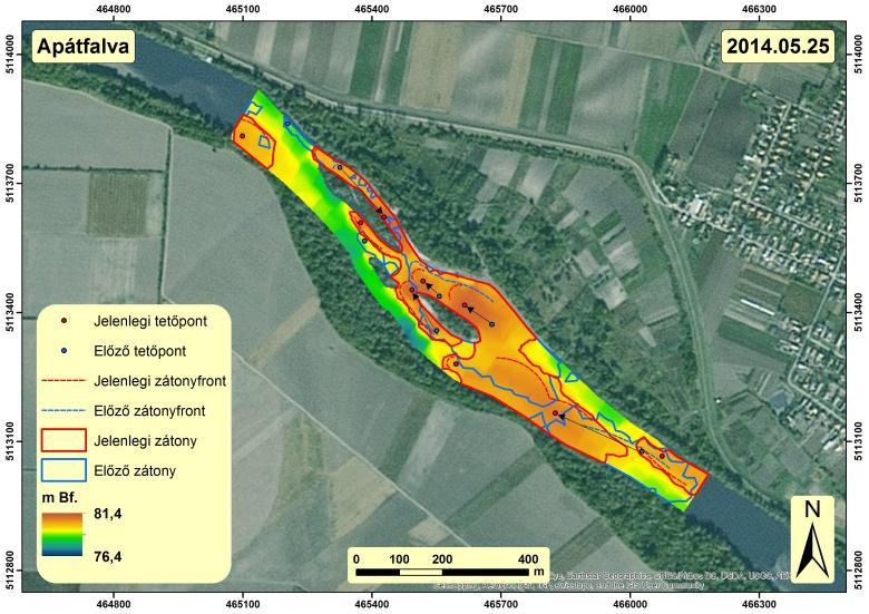 9 10 11 12 A kilencedik, nagyvizes felmérés idejére a felső szakaszon a bal parti oldalzátony 260 m-t előrenyomult, emellett szélessége átlag 35 m-t csökkent.