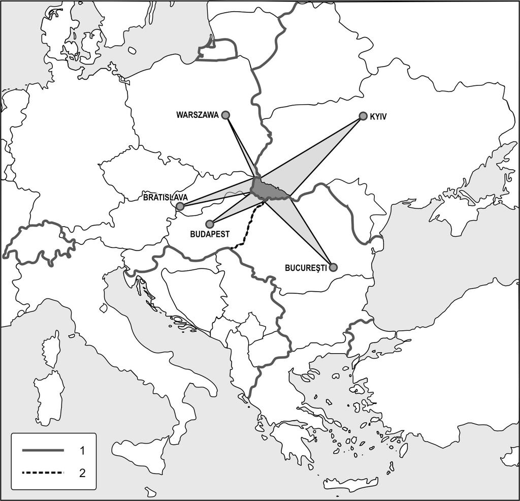Hajdú Zoltán 135 2. ábra: Kárpátalja földrajzi fekvése Ukrajnán belül és a szomszédos fővárosok közös határlátóterében 1. Az Európai Unió külső határa, 2.