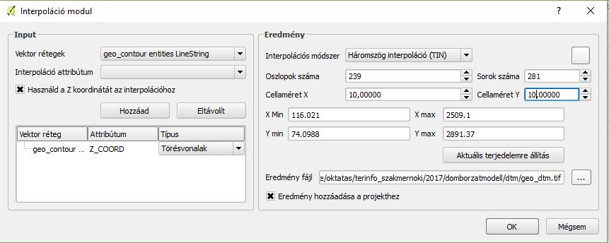 Válasszuk a geo_contour entities LineString vektor réteget, jelöljük be a használd a z koordinátát az interpolációhoz -> Hozzáad, Típus: törésvonalak, Interpolációs módszer: Háromszög