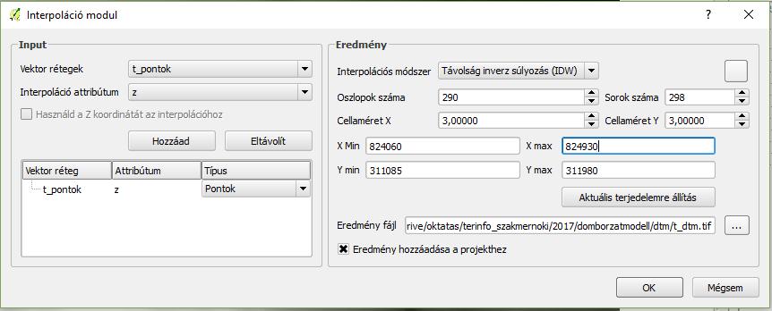 1.2 DOMBORZATMODELL ELŐÁLLÍTÁSA MÉRT PONTOK ALAPJÁN Állítsunk elő először domborzatmodellt interpolációval, inverz távolságokkal a pontokból, majd nézzük meg TIN modellel is az eredményt!