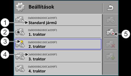 Tractor-ECU alkalmazás Traktorprofilok kezelése 8 profilra, amelynél a geometriában leméri az alsó felfüggesztőkartól való távolságot, és egy olyan profilra, amelyben leméri a vonórúdtól való