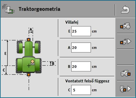 8 Tractor-ECU alkalmazás Paraméter Traktorgeometria (példa) A B C E A jármű közepe és a GPS-vevő közötti távolság a bal-jobb tengelyen.