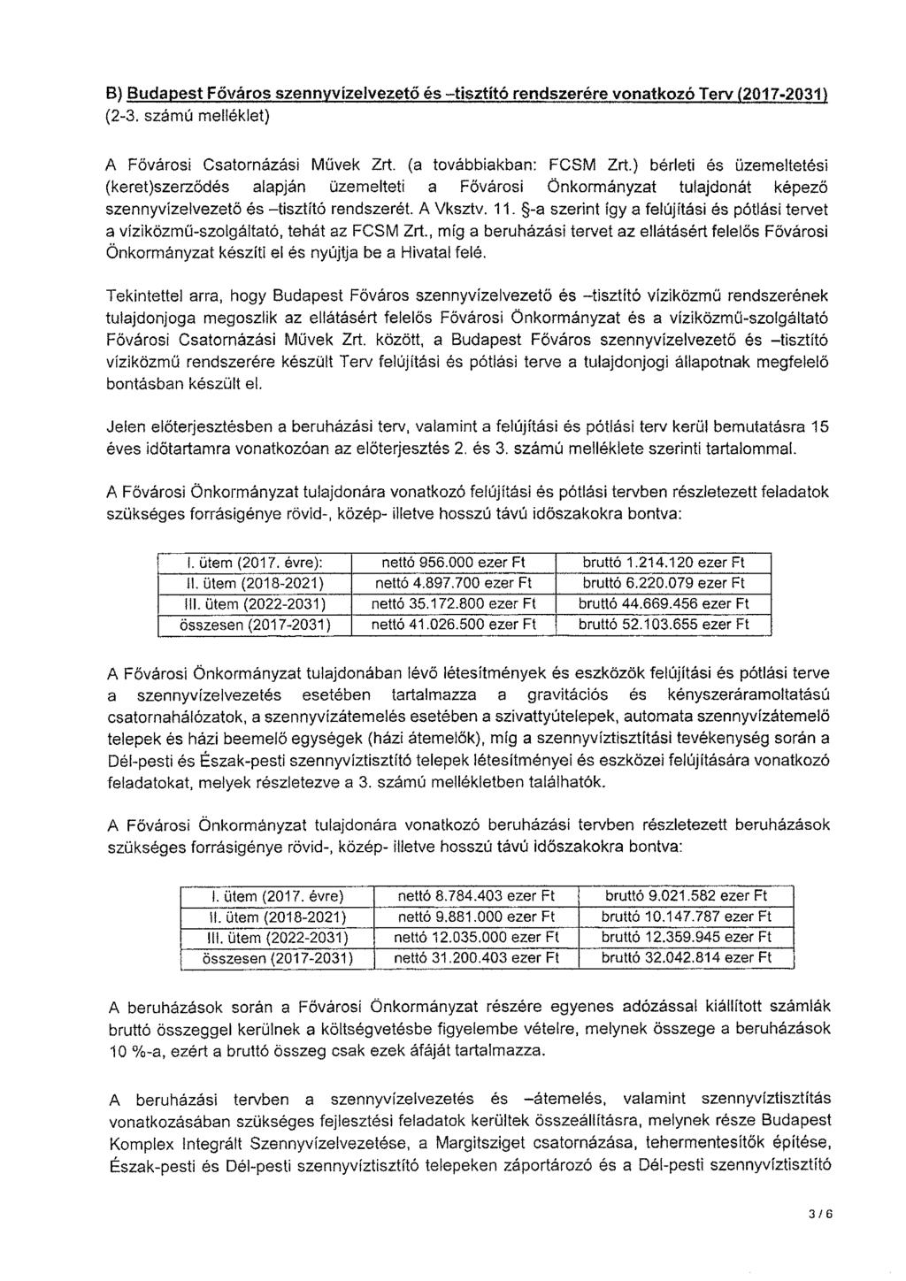 B) Budapest Főváros szennyvízelvezető és-tisztító rendszerére vonatkozó Terv (2017-2031) (2-3. számú melléklet) A Fővárosi Csatornázási Művek Zrt. (a továbbiakban: FCSM Zrt.