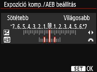 A <Y> <Z> gombokkal állítsa be az expozíciókompenzáció értékét. Ha az AEB funkciót az expozíciókompenzációval együtt használja, az AEB az expozíciókompenzáció értéke alapján kerül elkészítésre.