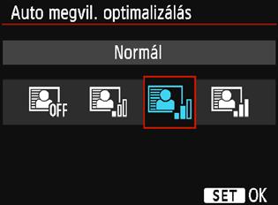 Az Alap zóna módokban a készülék automatikusan a [Normál] beállítást választja ki. 1 2 Válassza az [Auto Lighting Optimizer/Auto megvil. optimalizálás] lehetőséget.