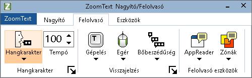 142 A Felolvasó eszköztárfül A Felolvasó eszköztárfülön található gyorsgombokkal a ZoomText beszédfunkcióit lehet be- és kikapcsolni, illetve ezek működését módosítani.